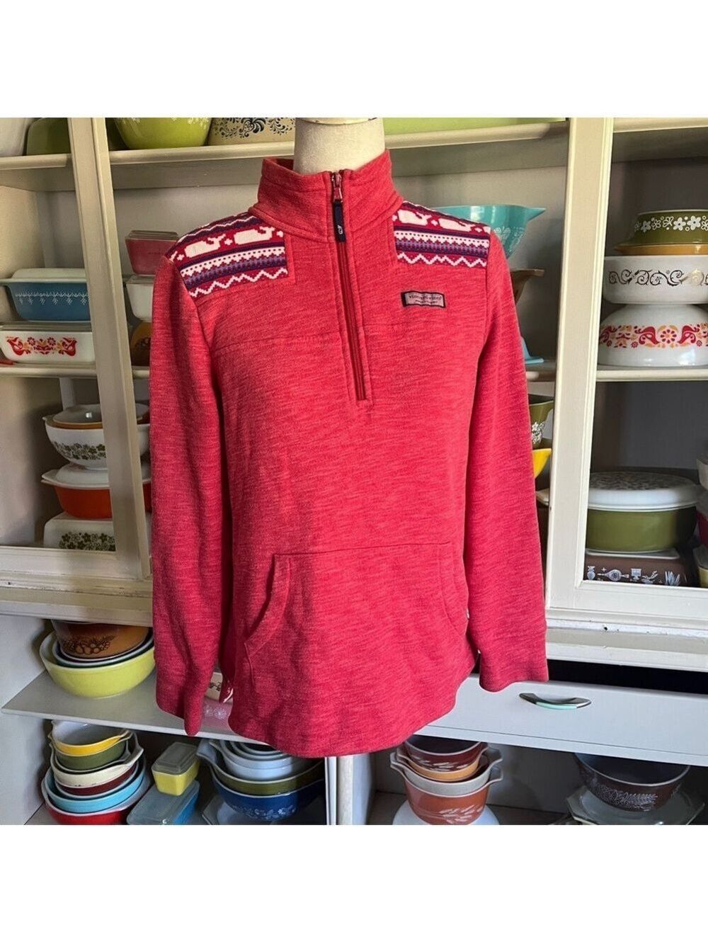 Vineyard Vines Whale Fair Isle Relaxed Shep Sweater in Coral - Size Small
